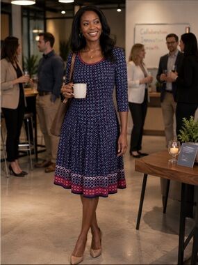 Max Edition Women’s Navy Patterned Scoop Neck Dress with Pink Accents Size L EUC